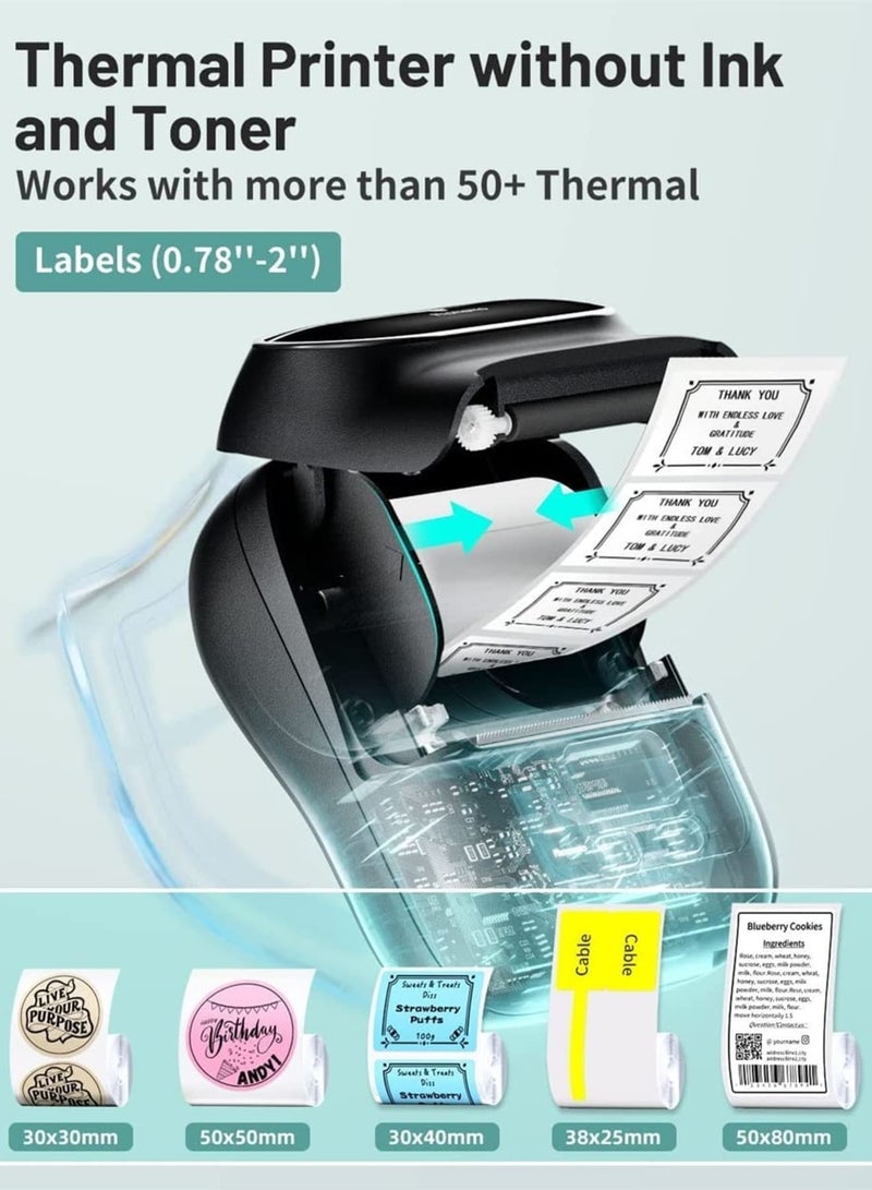 صانعات الملصقات، طابعة ملصقات حرارية بلوتوث محمولة لرموز الباركود، الملابس، المجوهرات، البيع بالتجزئة، البريد، متوافقة مع نظام أندرويد و iOS، مع عبوة واحدة من ملصقات 40 × 30 مم (أسود) - Image 4